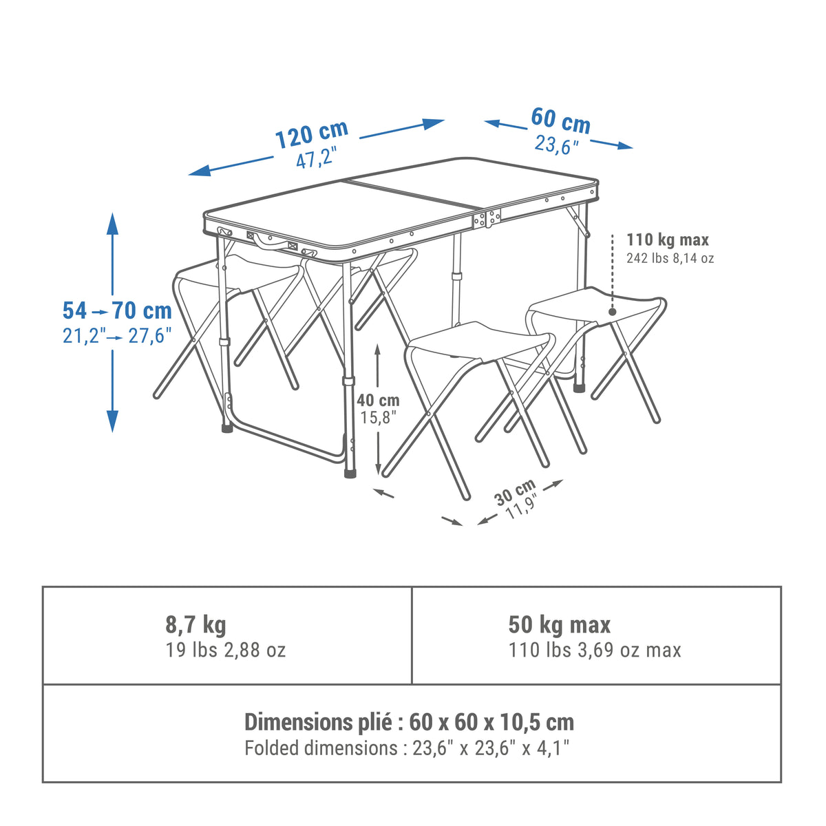Quechua FOLDING CAMPING TABLE - 4 STOOLS - 4 TO 6 PEOPLE