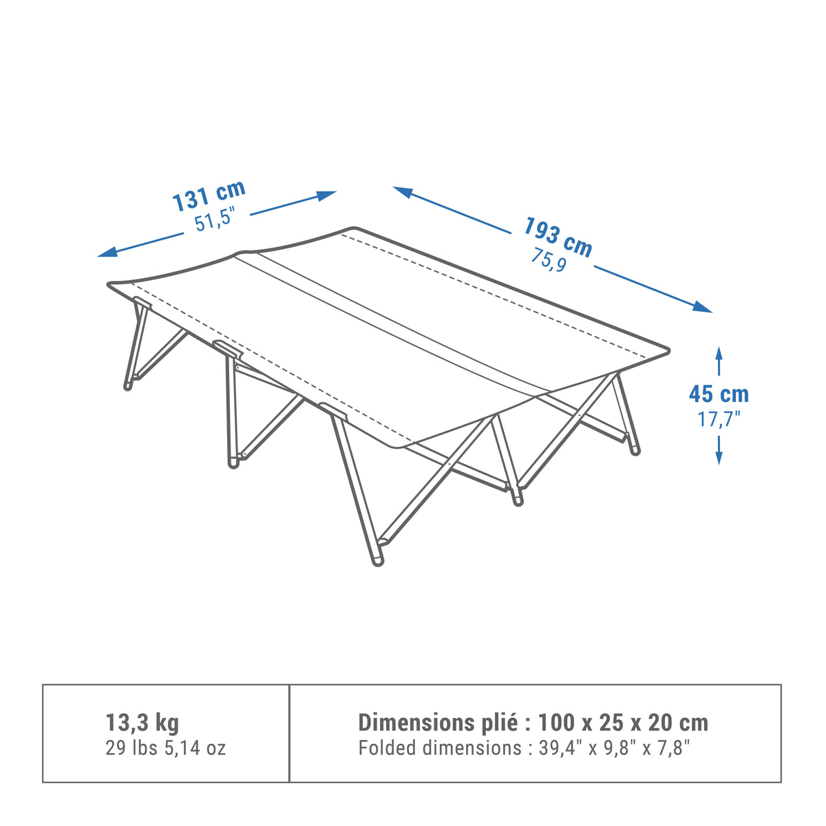 Quechua CAMP BED FOR CAMPING - DOUBLE CAMP BED SECOND 130 CM 