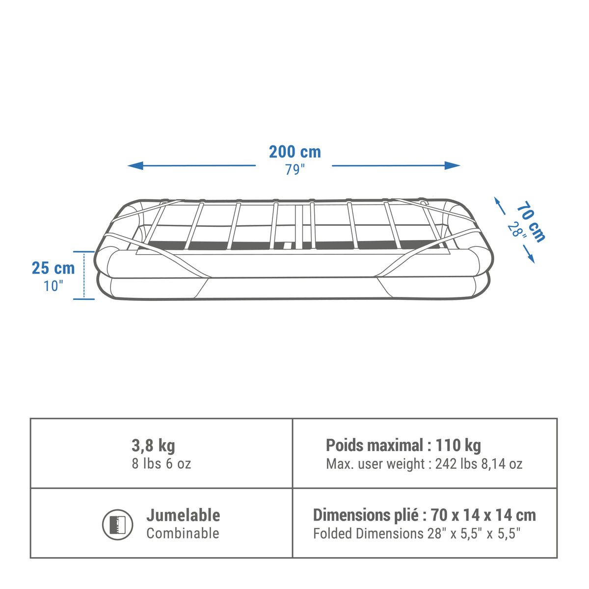 Quechua Inflatable Camping Bed Base - Camp Bed Air 70 Cm 